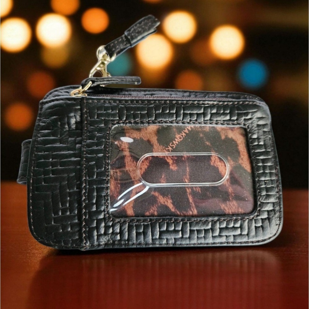 B Makowsky Black Woven Leather Card Case Wallet w/ID Window and Wristlet